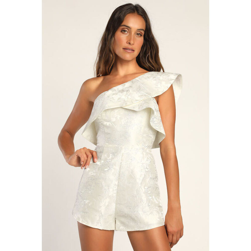 Lulus Radiantly Romantic Ivory Floral Jacquard One-shoulder Romper White